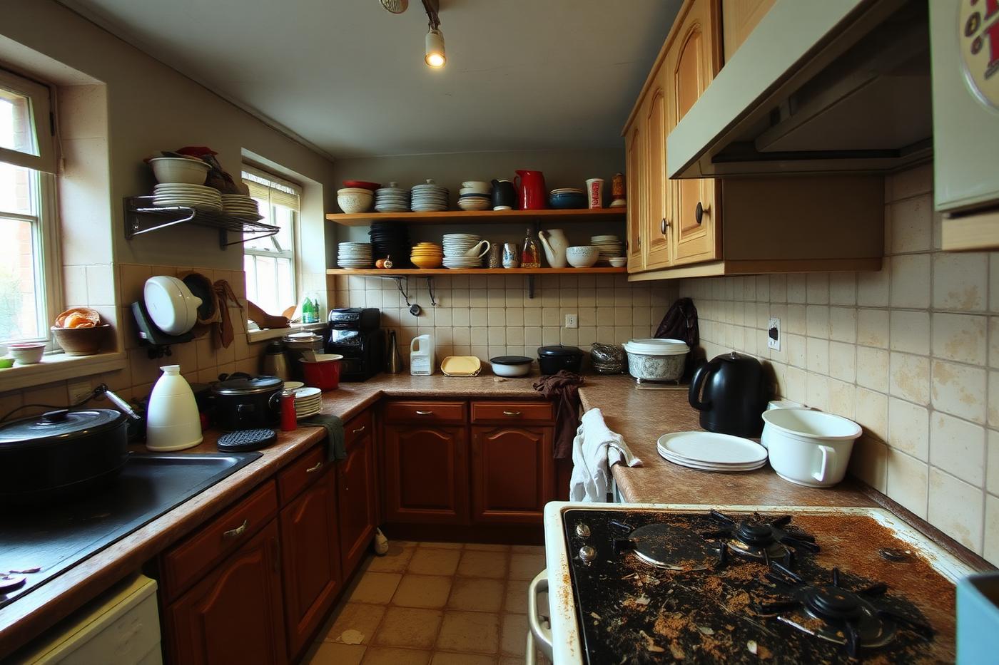Cluttered, grimy kitchen before a Brightwell deep clean