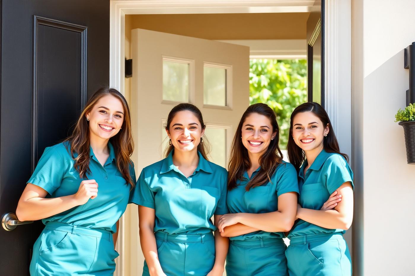 The Brightwell Cleaning Co. team in teal uniforms smiling in a Leeds doorway